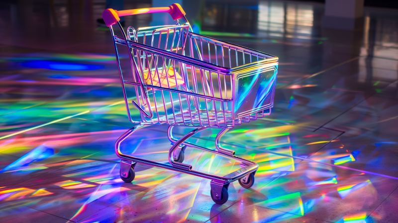 A colorful shopping cart illuminated by neon lights on a reflective surface creating a vibrant spectrum of colors.