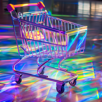 A colorful shopping cart illuminated by neon lights on a reflective surface creating a vibrant spectrum of colors.