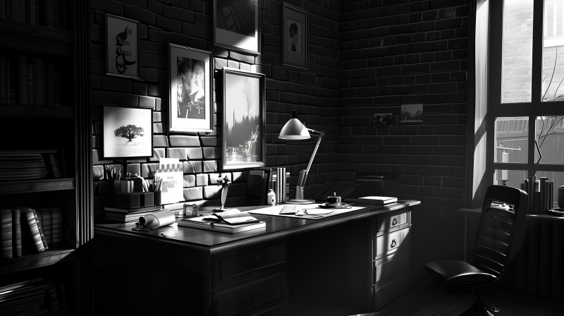 A monochromatic image of a well-organized home office with a desk, lamp, and various items, surrounded by brick walls and framed pictures.