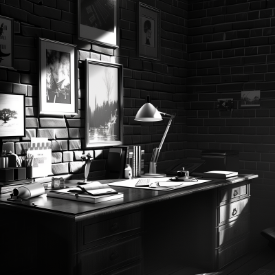 A monochromatic image of a well-organized home office with a desk, lamp, and various items, surrounded by brick walls and framed pictures.