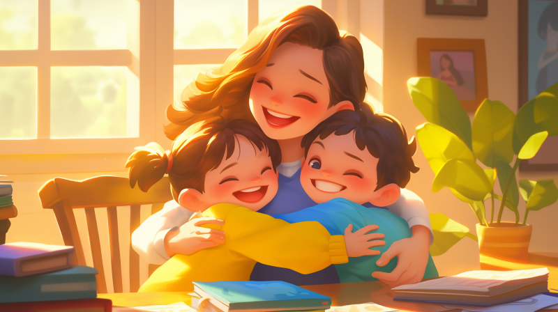 A happy cartoon illustration of a mother embracing two joyful children, with warm sunlight filtering through the scene.