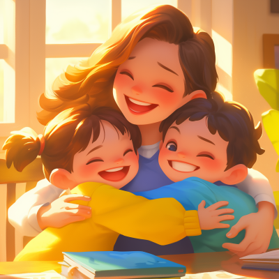 A happy cartoon illustration of a mother embracing two joyful children, with warm sunlight filtering through the scene.