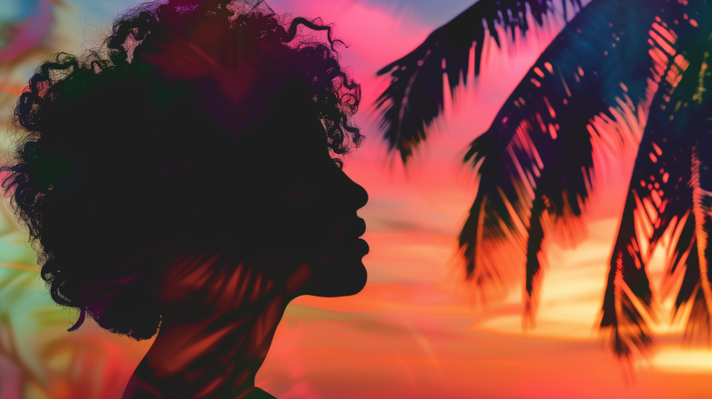 Silhouette of a woman with curly hair profiled against a vibrant sunset with palm tree outlines.