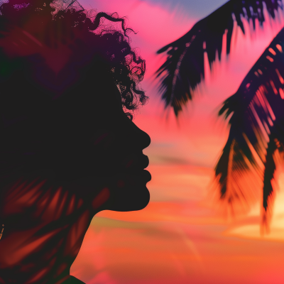 Silhouette of a woman with curly hair profiled against a vibrant sunset with palm tree outlines.