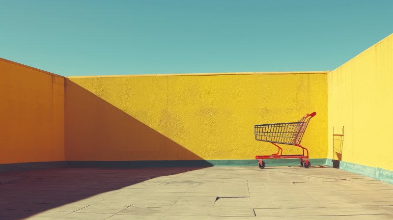 A red shopping cart against a bright yellow wall with a contrasting shadow.