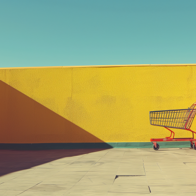 A red shopping cart against a bright yellow wall with a contrasting shadow.