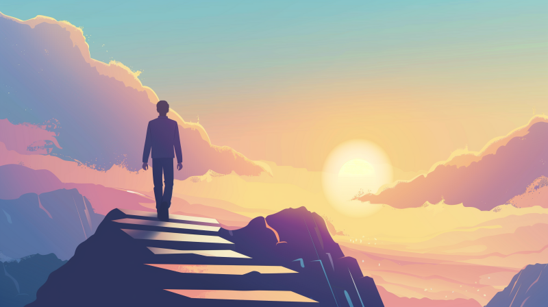 Silhouette of a person ascending steps towards the sunrise over a mountainous horizon, conveying a sense of success and hope.