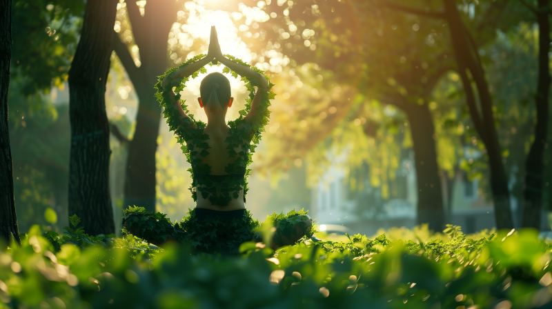 A person practices yoga in a serene park, surrounded by lush greenery with sunlight filtering through the trees, evoking a sense of calm and relaxation.