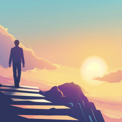 Silhouette of a person ascending steps towards the sunrise over a mountainous horizon, conveying a sense of success and hope.