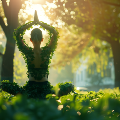 A person practices yoga in a serene park, surrounded by lush greenery with sunlight filtering through the trees, evoking a sense of calm and relaxation.