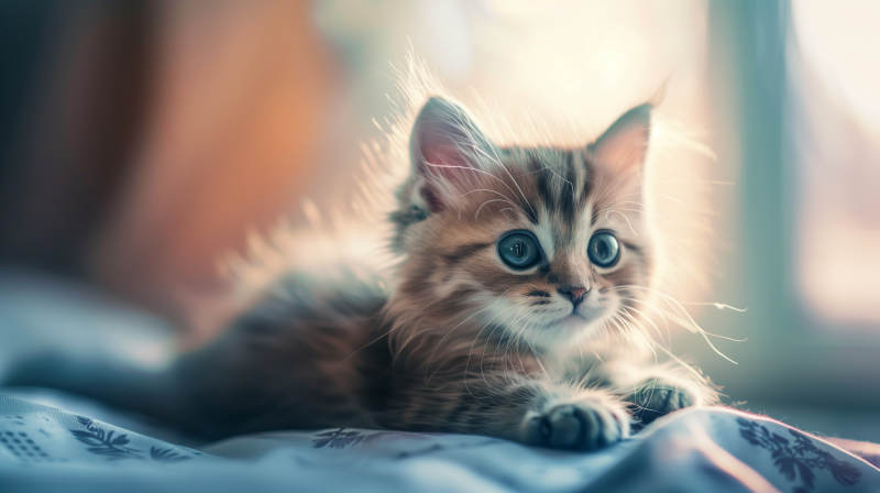 A cute kitten with striking eyes and fluffy fur lying down with a soft-focus background.