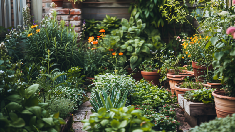 A lush garden scene with a variety of green plants and small orange flowers, potted plants in the background, all bathed in natural light.