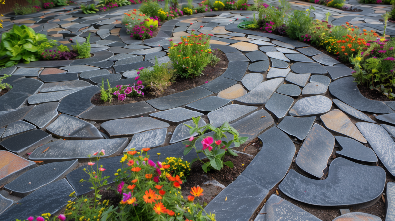 A beautifully landscaped garden with a winding path made of irregularly shaped stone slabs, interspersed with vibrant flower beds.