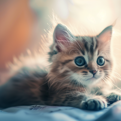 A cute kitten with striking eyes and fluffy fur lying down with a soft-focus background.