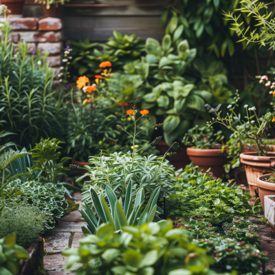 A lush garden scene with a variety of green plants and small orange flowers, potted plants in the background, all bathed in natural light.