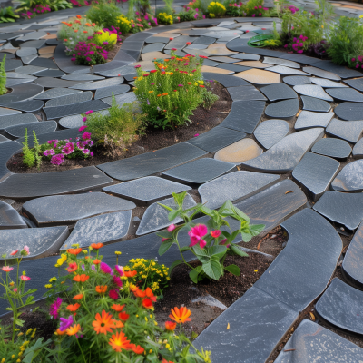 A beautifully landscaped garden with a winding path made of irregularly shaped stone slabs, interspersed with vibrant flower beds.