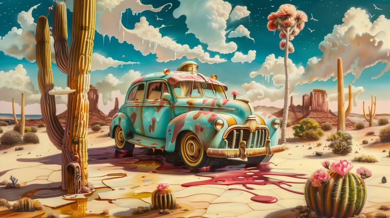 An illustration of a vintage turquoise car with paint dripping, appearing to be abandoned in a surreal desert landscape with whimsical elements.