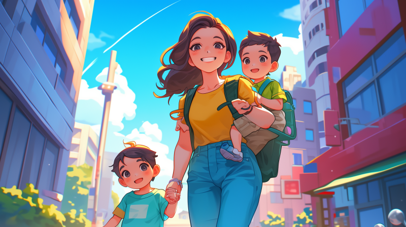 A happy mother carries one child on her back and holds the hand of another as they walk in an urban setting, all smiling brightly.