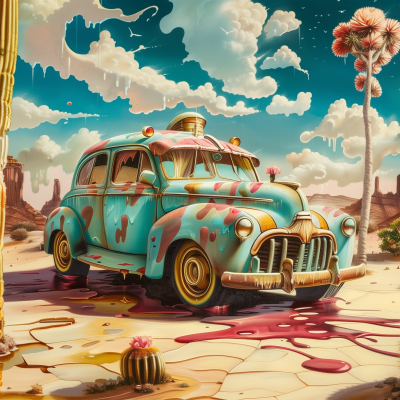 An illustration of a vintage turquoise car with paint dripping, appearing to be abandoned in a surreal desert landscape with whimsical elements.