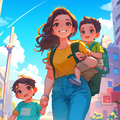 A happy mother carries one child on her back and holds the hand of another as they walk in an urban setting, all smiling brightly.