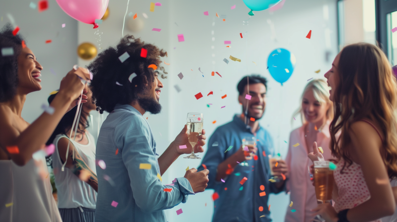 A group of people celebrating with drinks at an office party, surrounded by floating balloons and colorful confetti.