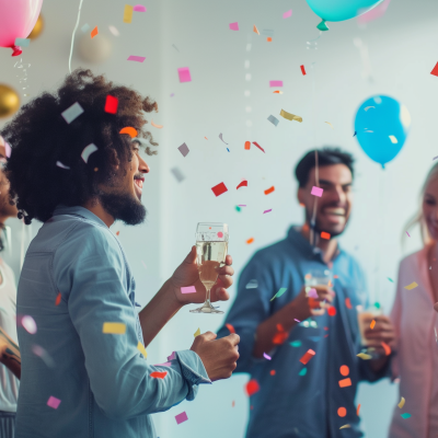 A group of people celebrating with drinks at an office party, surrounded by floating balloons and colorful confetti.