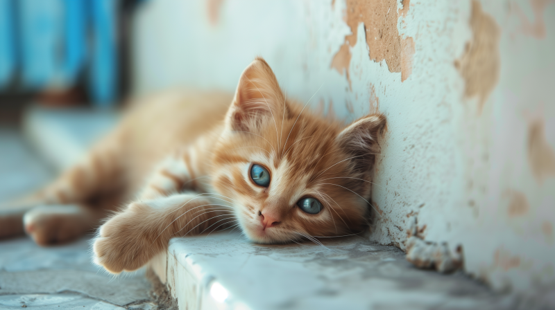 A cute orange kitten with striking blue eyes lying down and gazing calmly near a peeling wall.