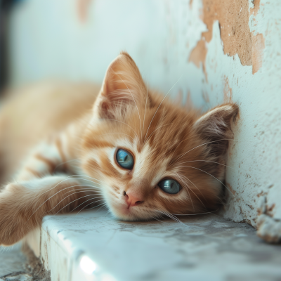 A cute orange kitten with striking blue eyes lying down and gazing calmly near a peeling wall.