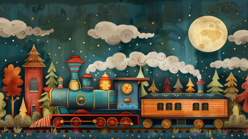 An illustrated image of a whimsical train with a star motif, emitting puffs of smoke, traveling through a night scene with trees and a starry sky in the background.