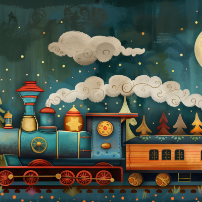 An illustrated image of a whimsical train with a star motif, emitting puffs of smoke, traveling through a night scene with trees and a starry sky in the background.