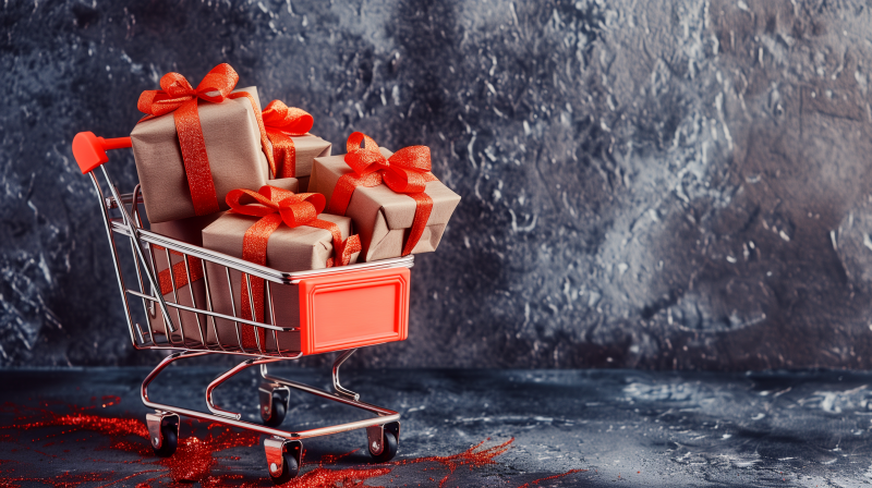 A shopping cart filled with neatly wrapped gifts adorned with red ribbons, indicating a festive shopping spree.