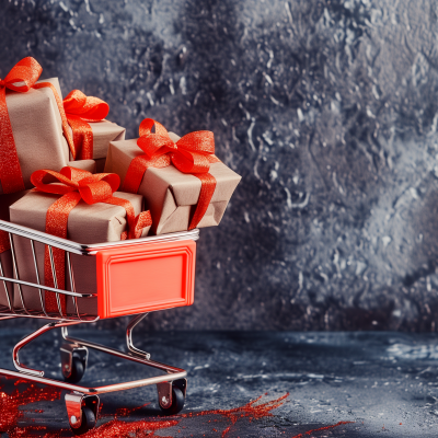 A shopping cart filled with neatly wrapped gifts adorned with red ribbons, indicating a festive shopping spree.