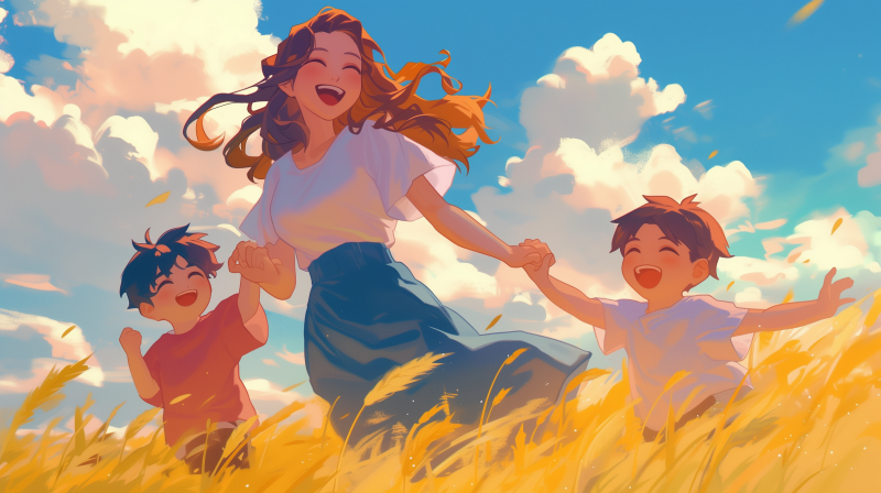 A happy animated family moment with a mom and kids holding hands and laughing in a sunny, grassy field.