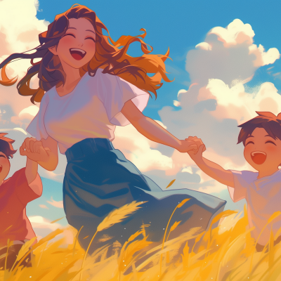 A happy animated family moment with a mom and kids holding hands and laughing in a sunny, grassy field.