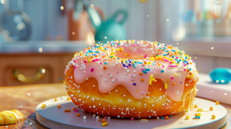 A freshly glazed doughnut with pink icing and colorful sprinkles on a plate, suggesting a delightful treat.