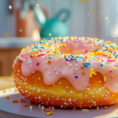 A freshly glazed doughnut with pink icing and colorful sprinkles on a plate, suggesting a delightful treat.