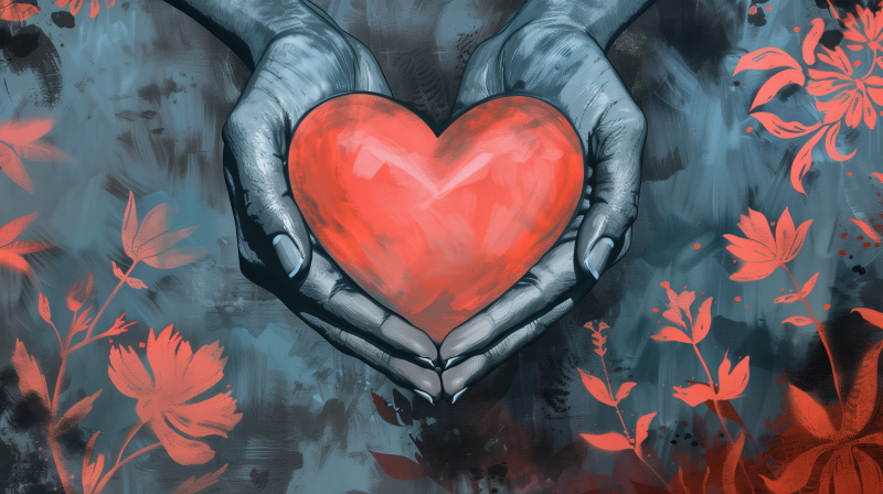 Illustration of two hands cradling a vibrant red heart, set against a blue-grey background with subtle red foliage.