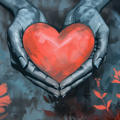 Illustration of two hands cradling a vibrant red heart, set against a blue-grey background with subtle red foliage.