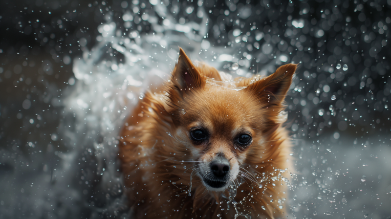 A small brown dog with pointed ears is surrounded by splashing water droplets.