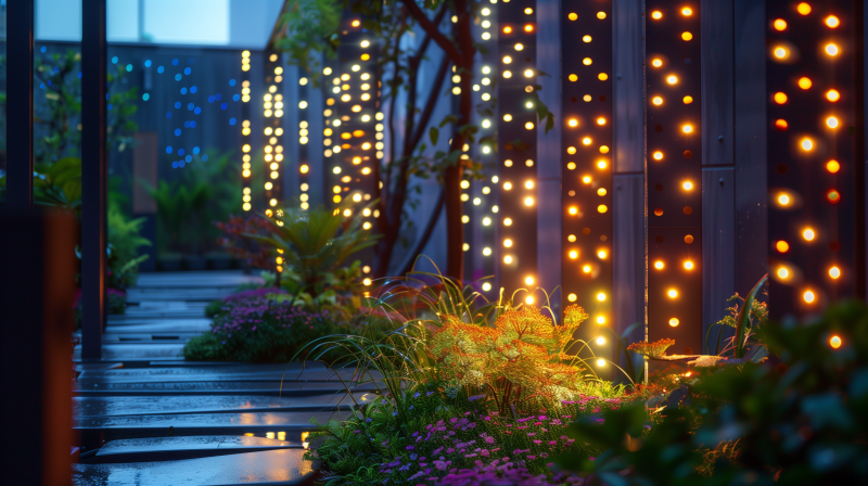 A cozy backyard at dusk with vibrant string lights delicately illuminating a garden path and plants.