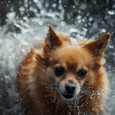 A small brown dog with pointed ears is surrounded by splashing water droplets.