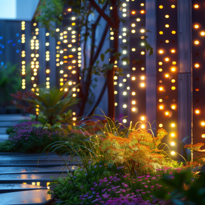 A cozy backyard at dusk with vibrant string lights delicately illuminating a garden path and plants.