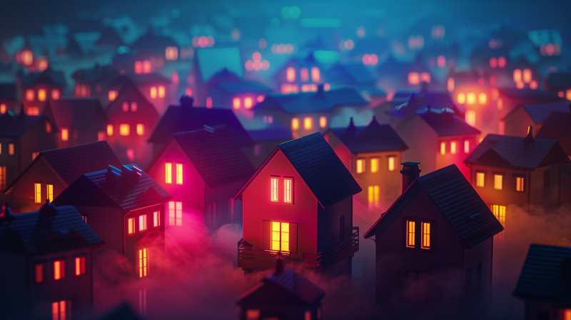 A stylized image of a neighborhood at dusk with illuminated houses glowing in hues of red and blue, shrouded in mist.