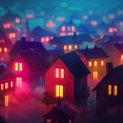 A stylized image of a neighborhood at dusk with illuminated houses glowing in hues of red and blue, shrouded in mist.