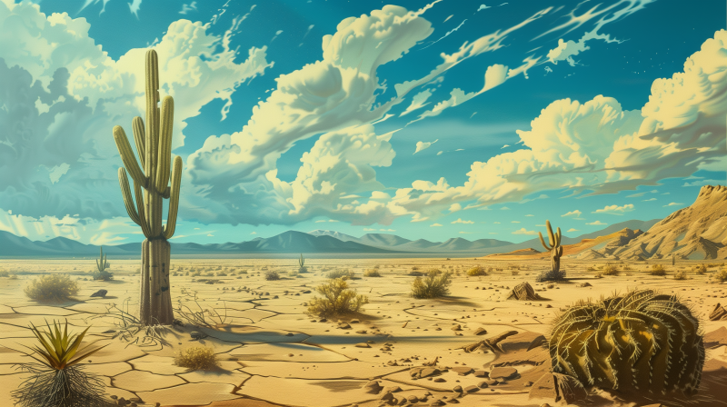 Illustration of a vibrant desert landscape with cacti, cracked ground, and mountains in the distance under a blue sky with billowing white clouds.