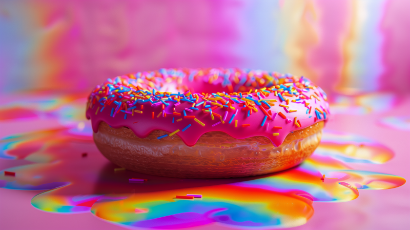 A colorful doughnut with pink icing and rainbow sprinkles on a vibrant background.