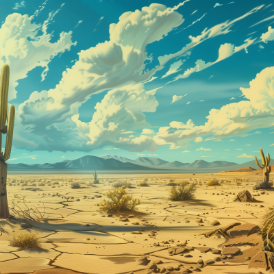 Illustration of a vibrant desert landscape with cacti, cracked ground, and mountains in the distance under a blue sky with billowing white clouds.