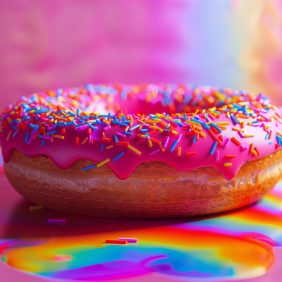 A colorful doughnut with pink icing and rainbow sprinkles on a vibrant background.