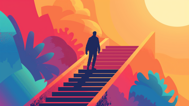 A silhouette of a person ascending a stylized staircase towards a bright, sun-like beacon, symbolizing steps to success.