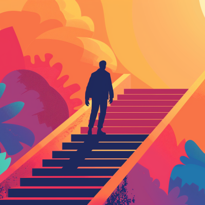 A silhouette of a person ascending a stylized staircase towards a bright, sun-like beacon, symbolizing steps to success.